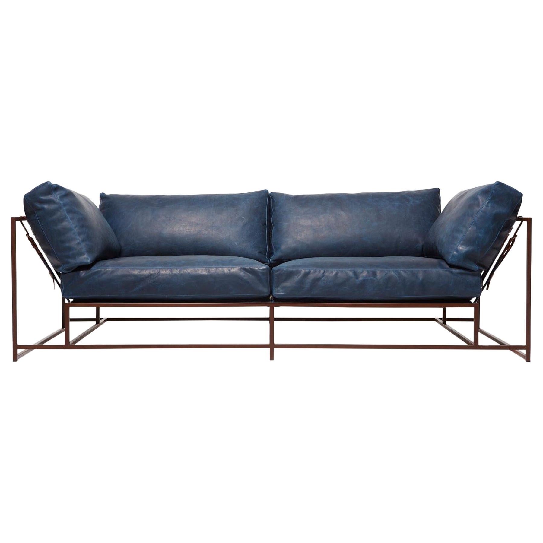 Waxed Navy Leather & Marbled Rust Two Seat Sofa For Sale