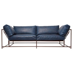 Waxed Navy Leather & Marbled Rust Two Seat Sofa