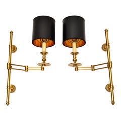 Retro Pair of French Maison Jansen Brass Retractable Sconces, Wall Lights Black Shade