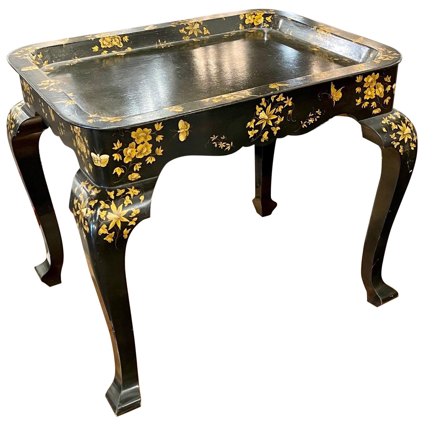 Vintage English Black Lacquered and Hand Painted Side Table