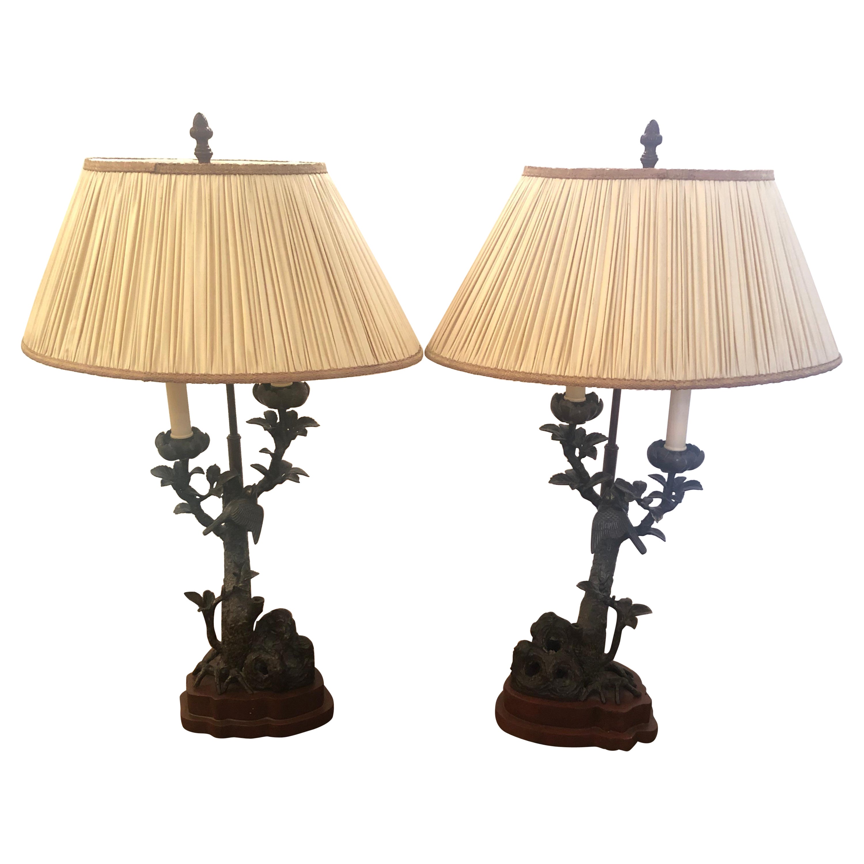 Pair of Rich Elegant Bronze Faux Bois Table Lamps with Birds and Foliage