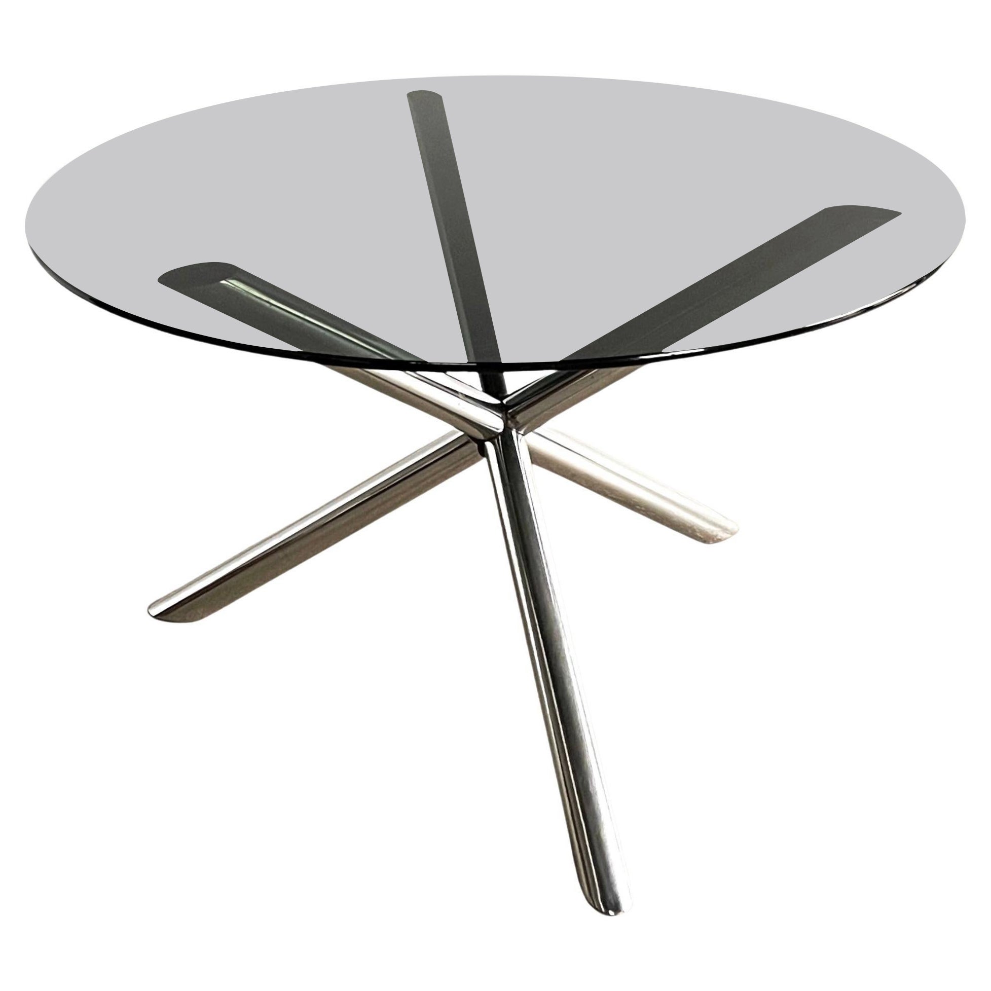 Italian Round Glass and Chromed Steel Dining Table, 1970s For Sale