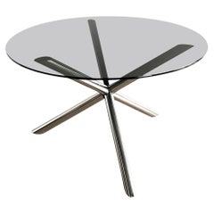 Italian Round Glass and Chromed Steel Dining Table, 1970s