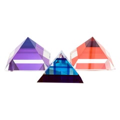 Trio of Lucite Orange, Purple, Sapphire Blue Pyramids Sculptures