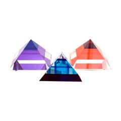 Trio of Lucite Orange, Purple, Sapphire Blue Pyramid Sculptures