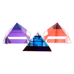 Set of Three Orange, Purple, Sapphire Blue Lucite Pyramid Sculptures