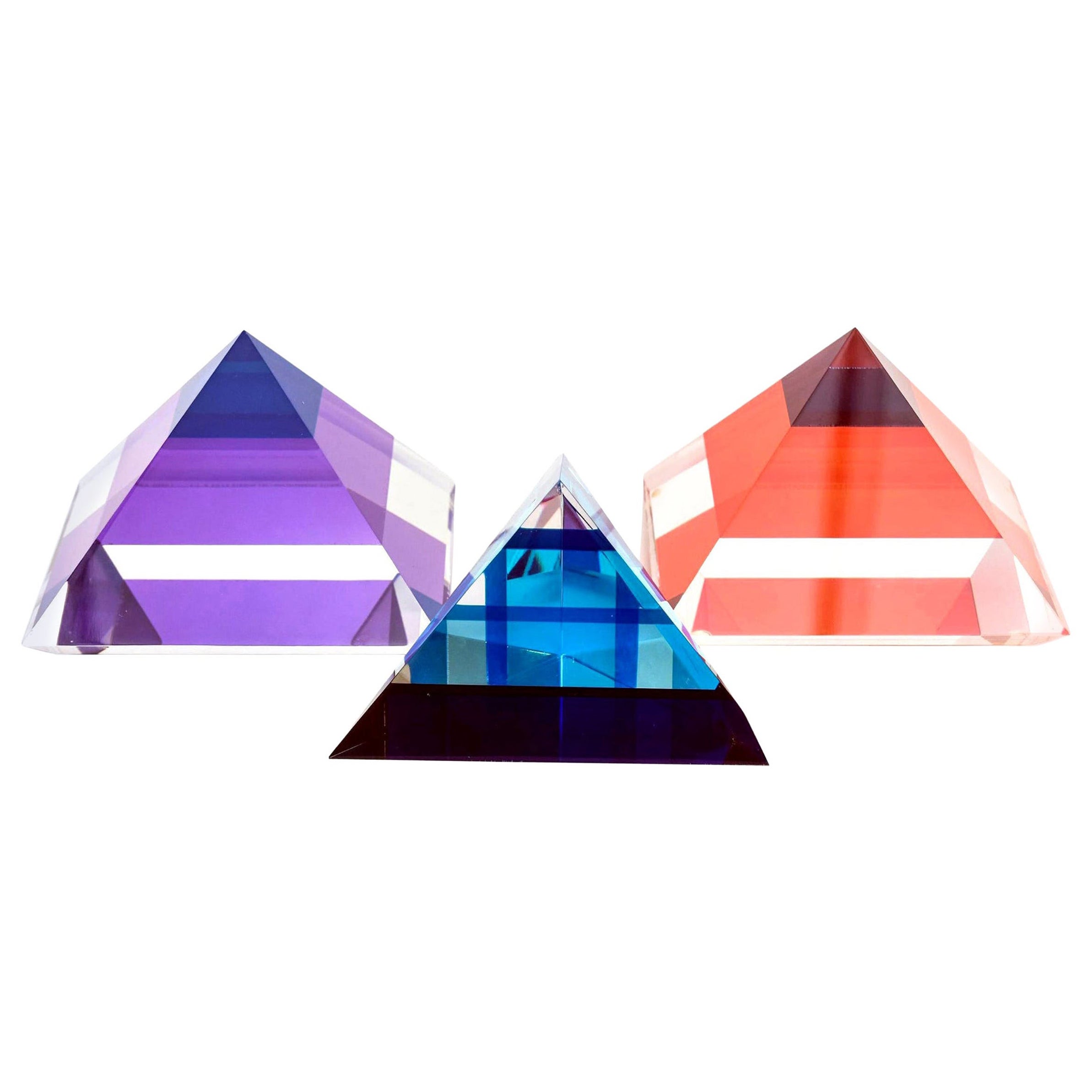 Set of Three Lucite Pyramid Sculptures Orange, Purple, Sapphire Blue 1990's