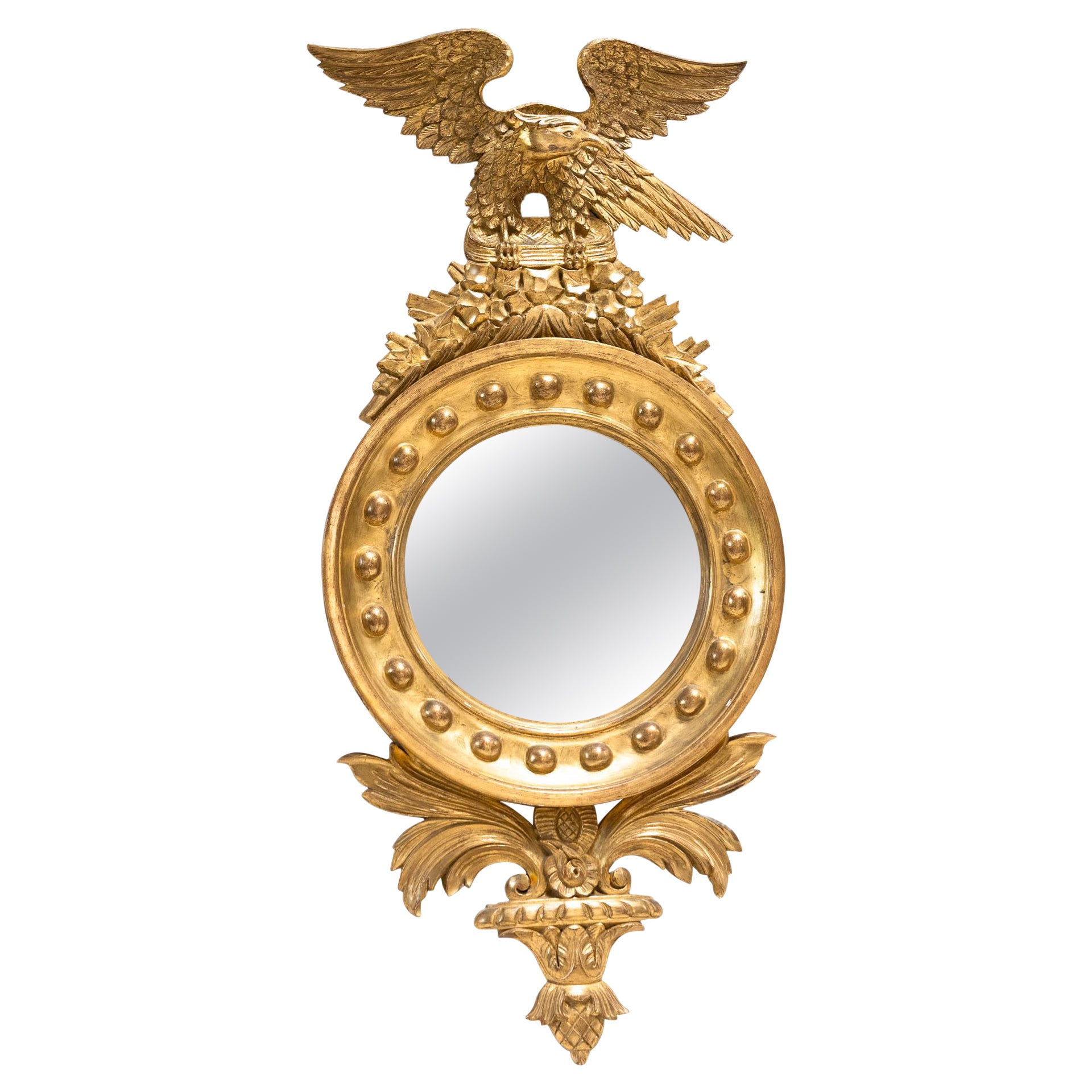 French Neoclassical Round Gilt Wood Mirror with Eagle Crest For Sale