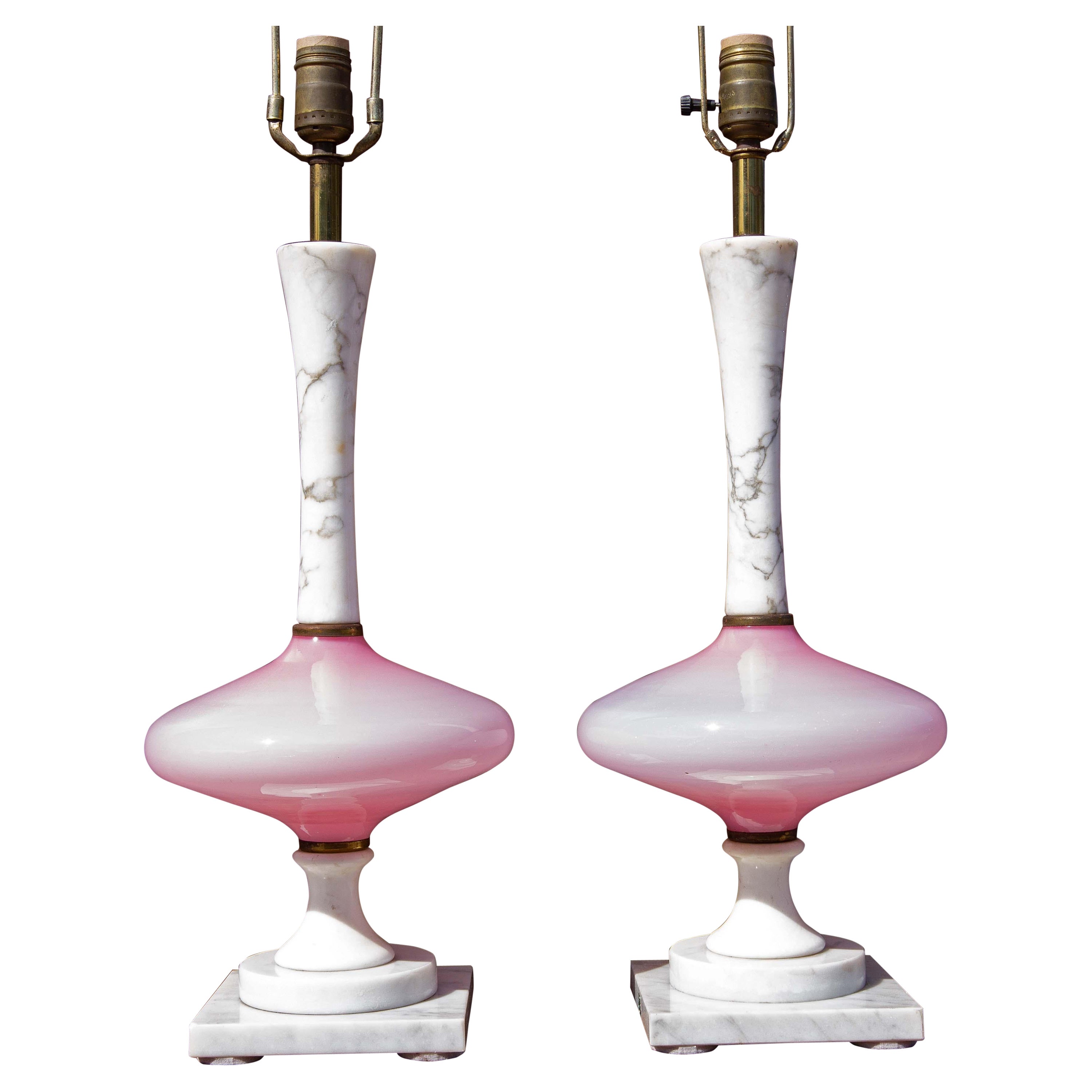 Pair of Murano Glass Pink and White Lamps Vintage Mid-Century Modern For Sale