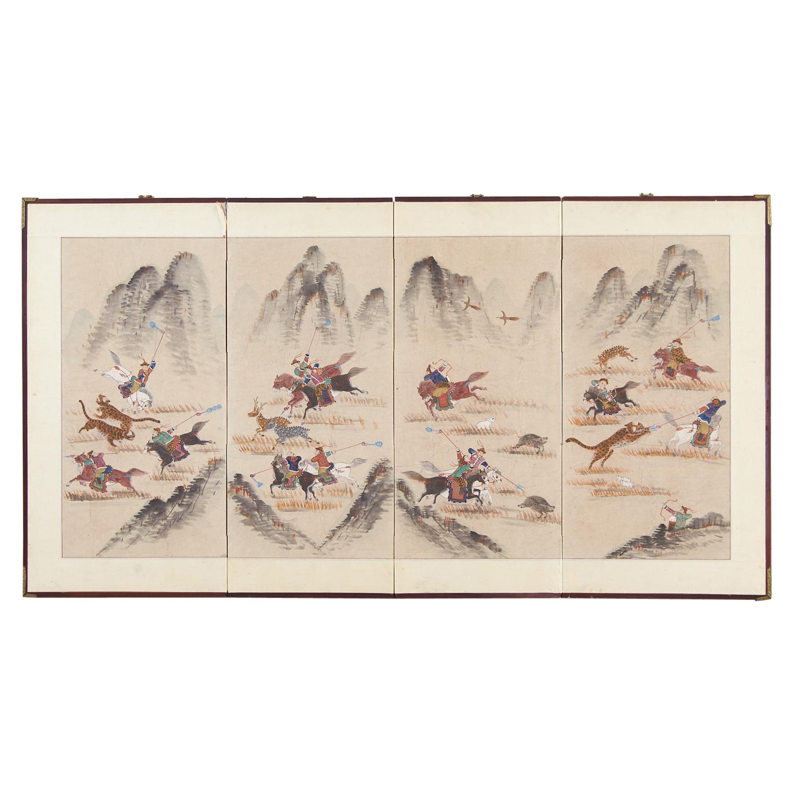 Korean Showa Four Panel Screen Tartars Hunting Landscape