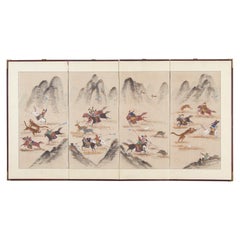 Vintage Korean Showa Four Panel Screen Tartars Hunting Landscape