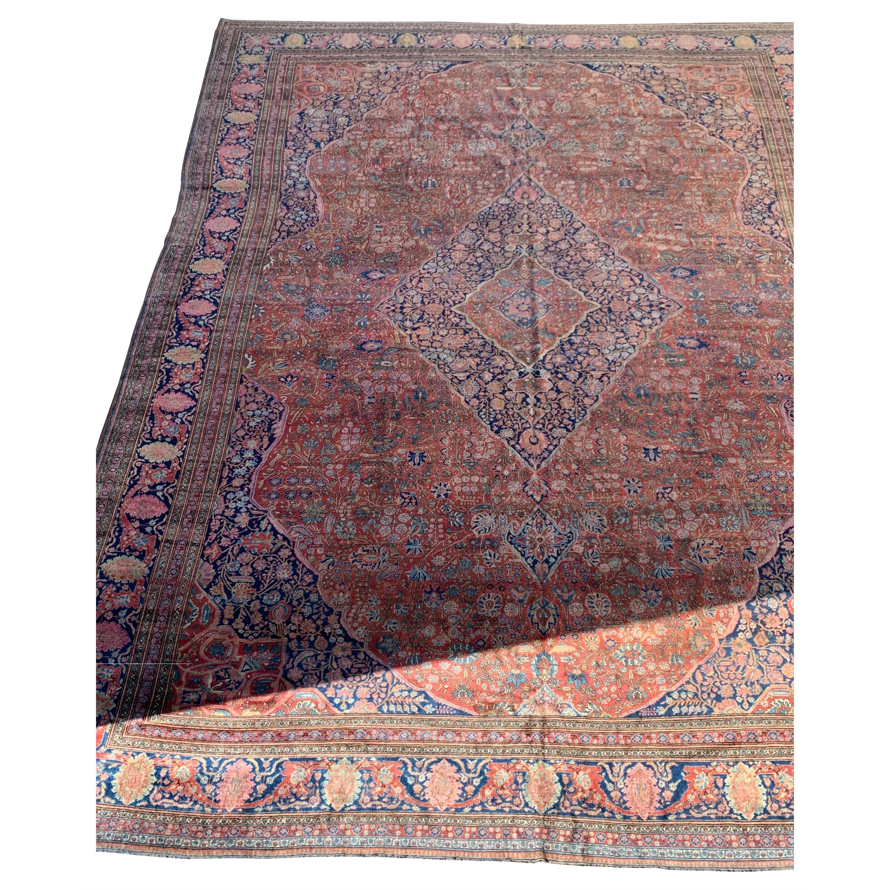 Antique Red Navy Blue Persian Manchester Wool Kashan Large Area Rug For