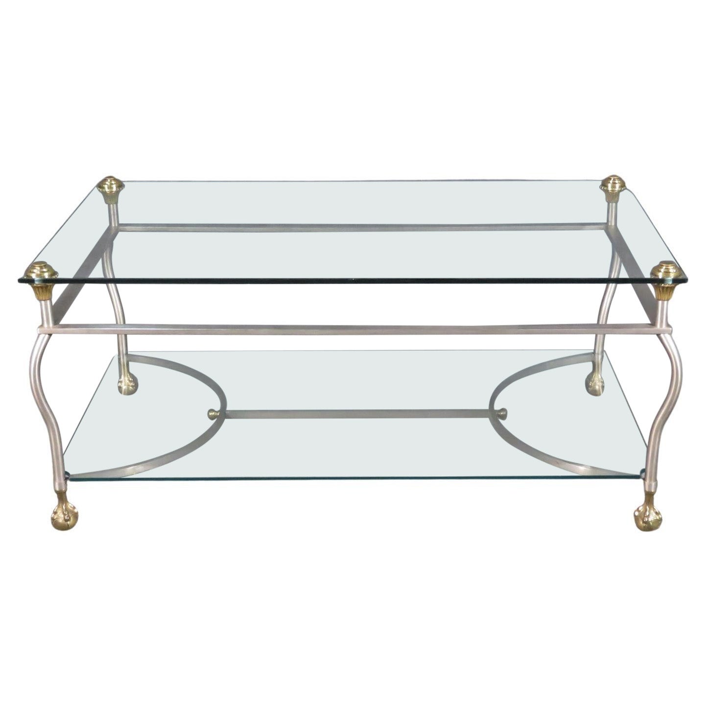 Maison Jansen Glass and Steel Hollywood Regency Brass Ball and Claw Coffee Table