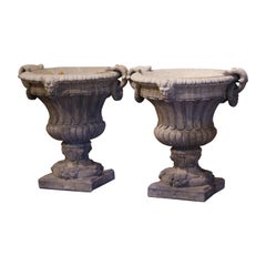 Pair of Early 20th Century French Carved Stone Campana-Form Garden Urns