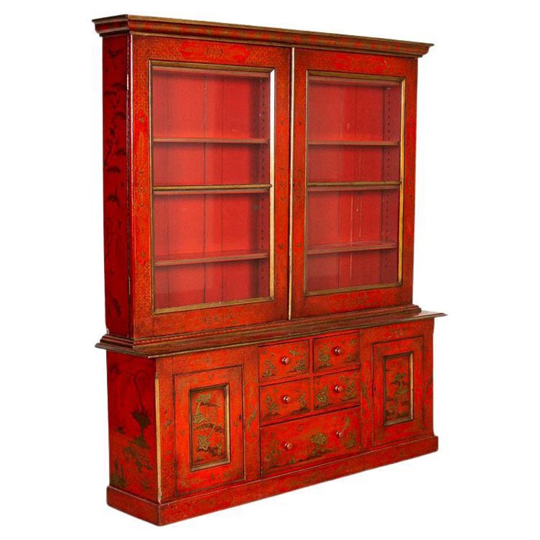 Original Red Painted Lacquered Antique Display Cabinet Bookcase from China