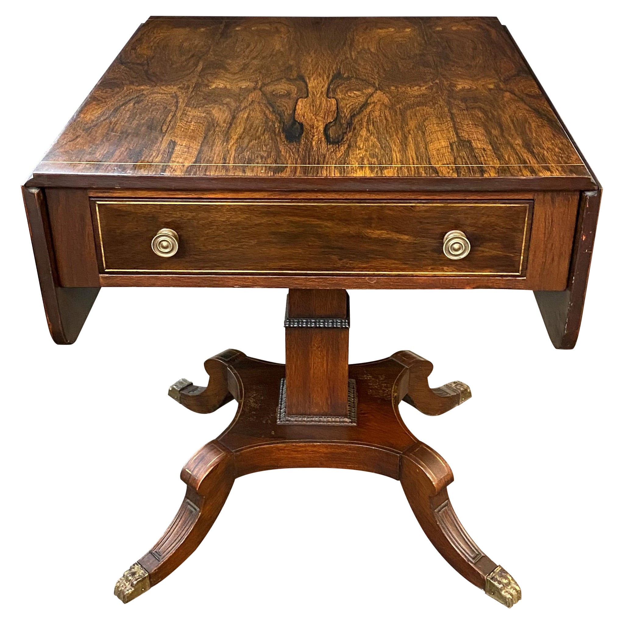 English Regency Rosewood One Drawer Drop Leaf Work Table with Brass Inlay For Sale