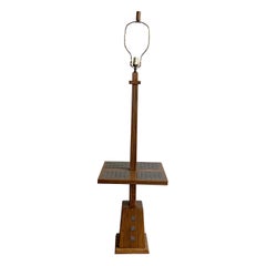 Mid-Century Modern Carved Oak and Ceramic Floor Lamp with Table