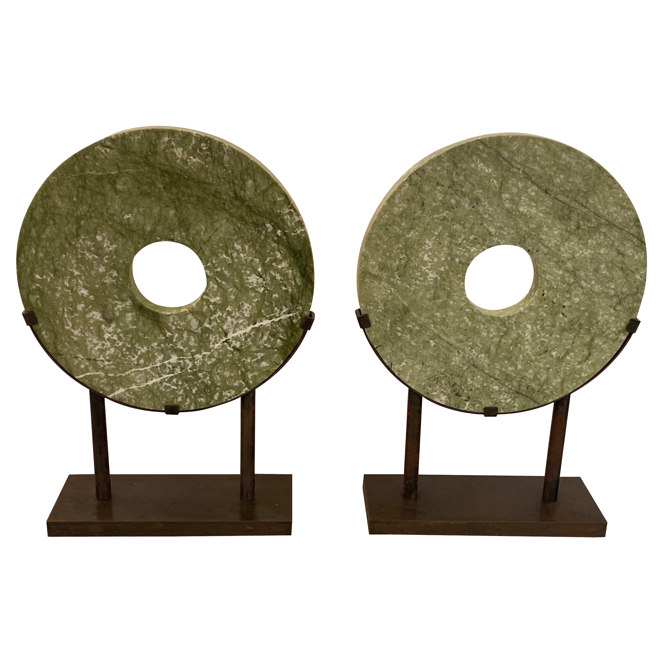 Impressive Pair of Round Hardstone Archaistic Sculptures