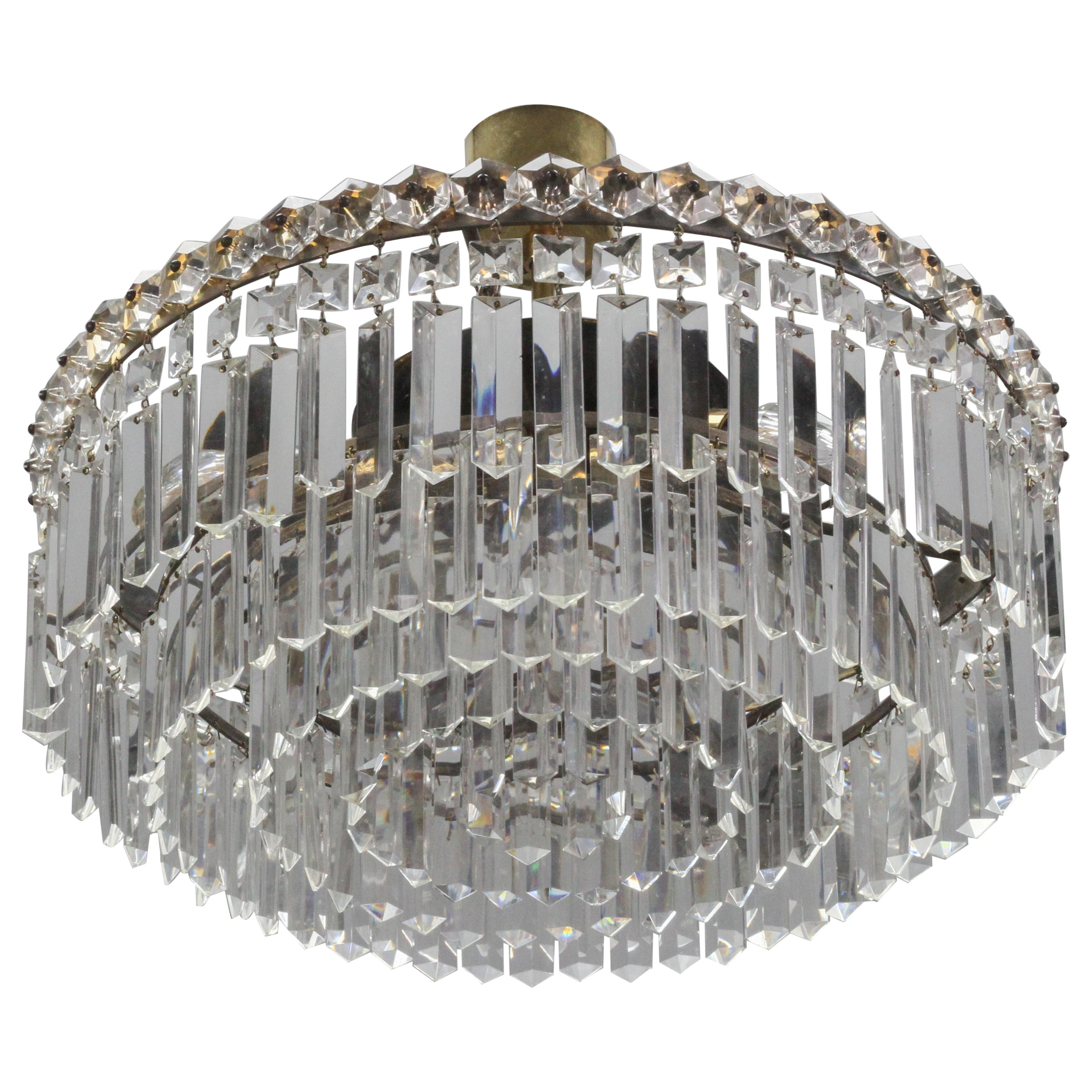 Art Deco Style Five-Tiered Three-Light Crystal Glass and Brass Chandelier For Sale