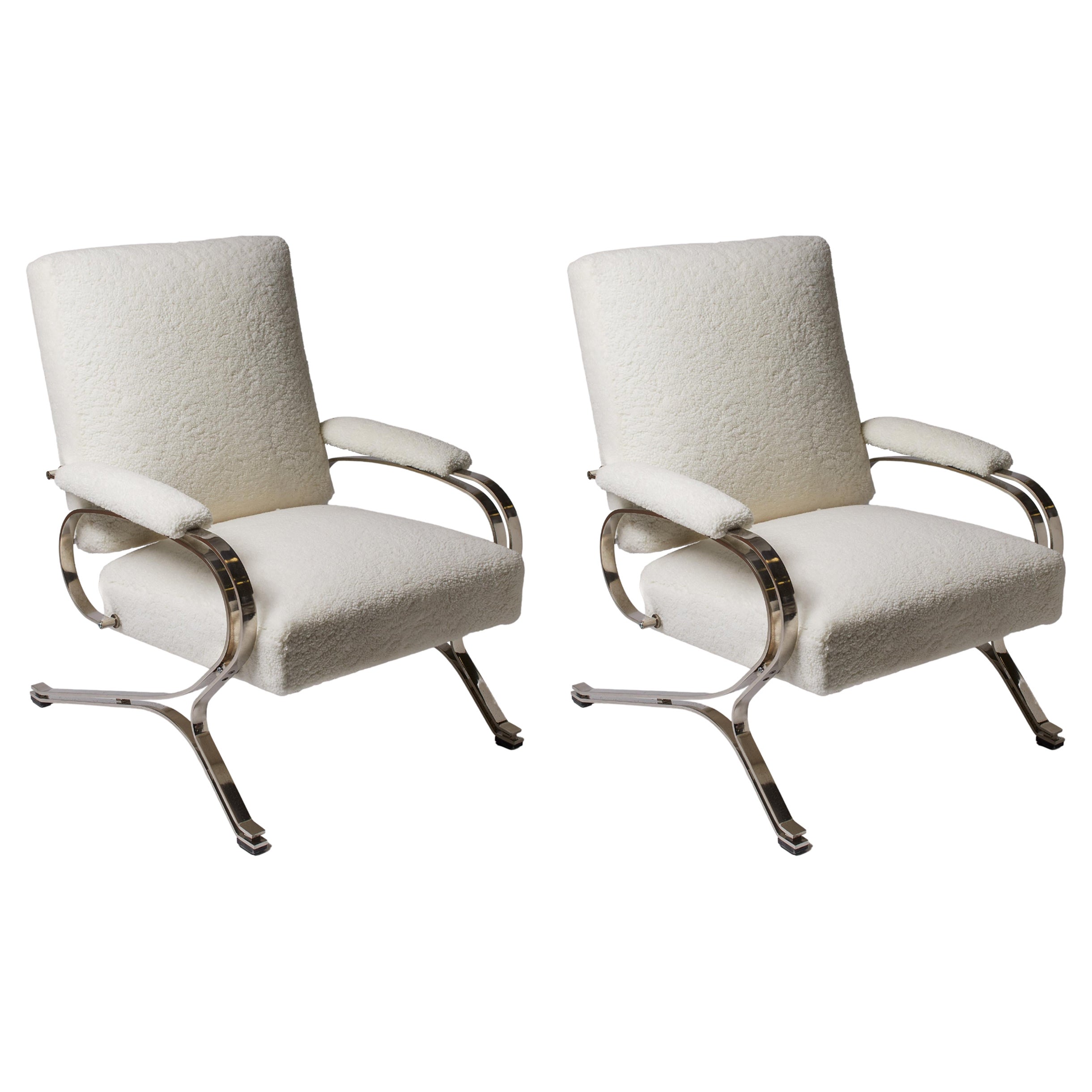 1970s Italian Pair of Gianni Moscatelli White Shearling and Chrome Chairs