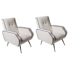1960s Italian Pair of Armchairs with White Linen and Black Trim 