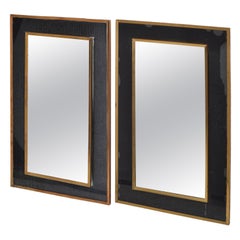 2 Jacques Adnet Style French 1950s Wall Mirror Brass & Black Opaline Glass Frame