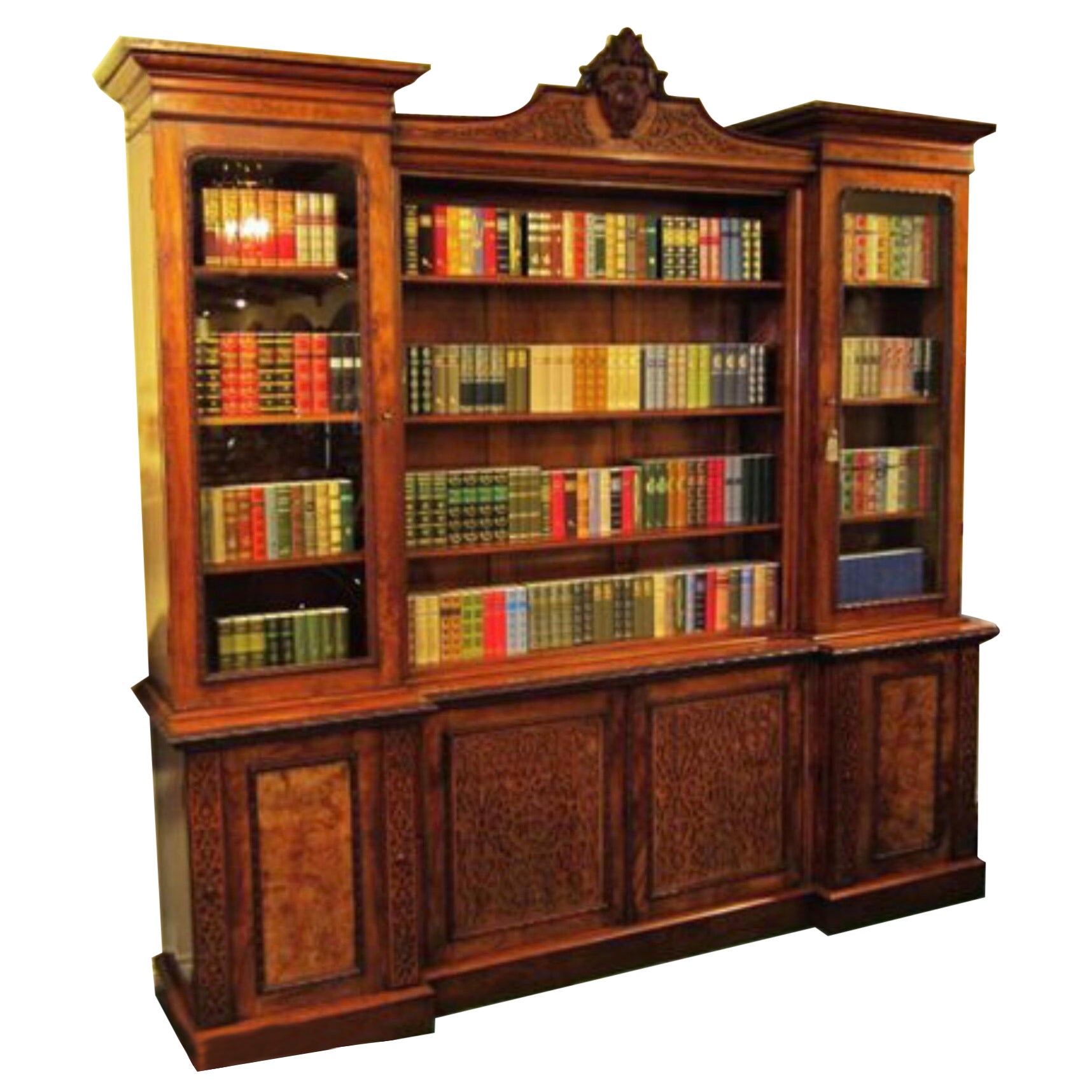 Large Figured and Burr Walnut Inverted Breakfront Antique Bookcase For Sale