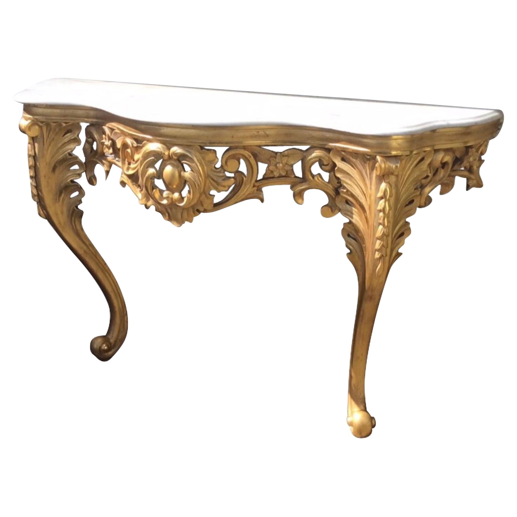 Antique Gilt Wood Carved Console Side Marble Top Table For Sale