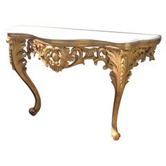Antique Gilt Wood Carved Console Side Marble Top Table