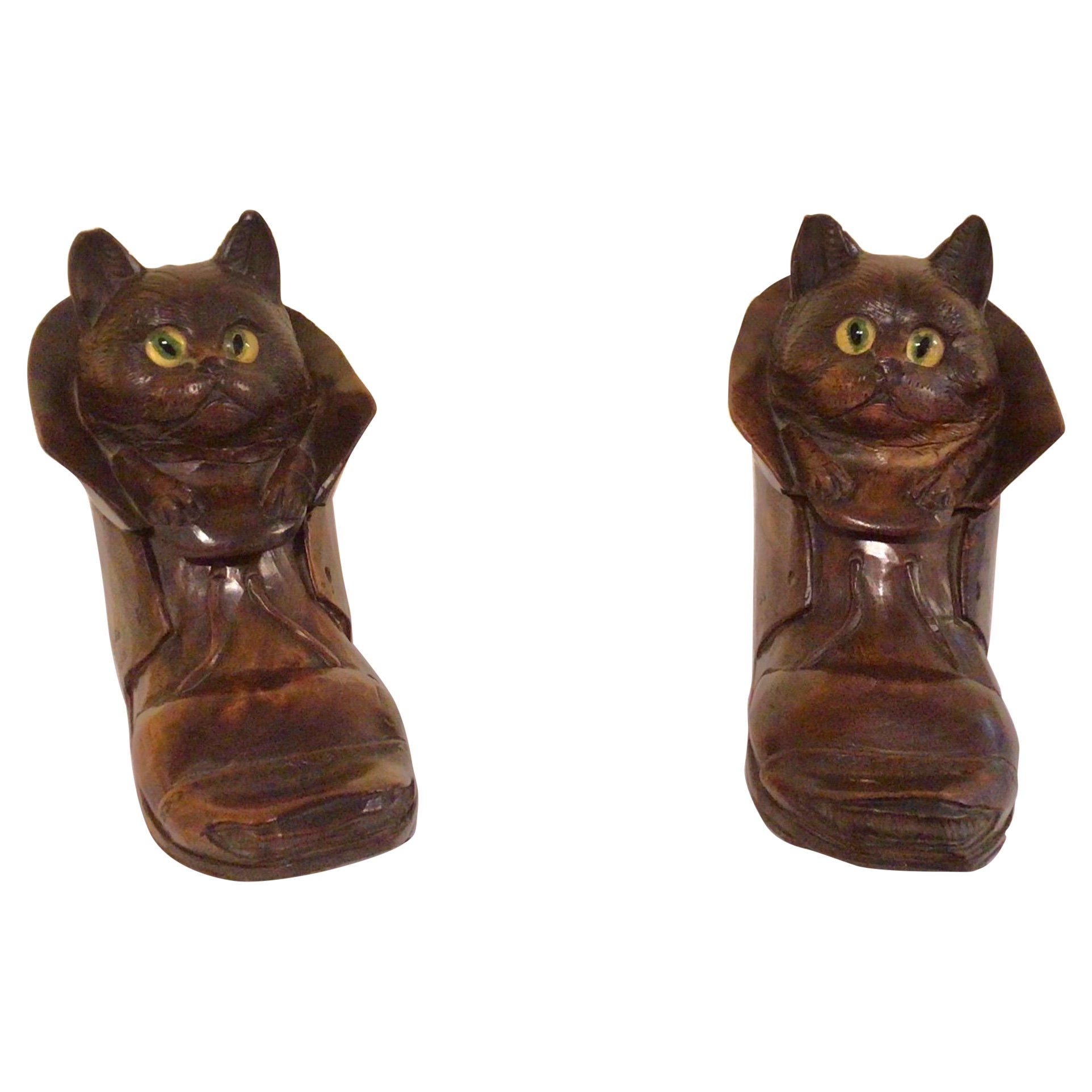 Pair of Antique Black Forest Cat in Boot Inkwells For Sale