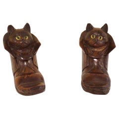 Pair of Antique Black Forest Cat in Boot Inkwells