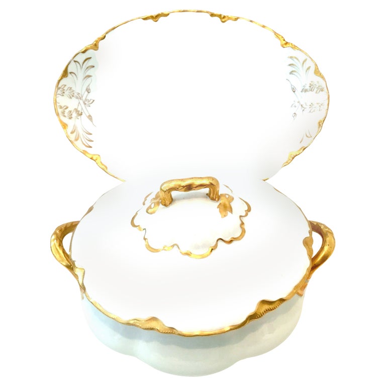 Antique Austrian Porcelain & 22K Gold Lidded Tureen and Large Platter Set of Two For Sale