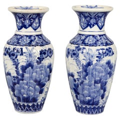 Pair of Antique Japanese Imari Ribbed Blue & White Vases