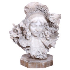 Antique Italian Carved Marble Portrait Sculpture of a Girl in a Lace Hat, c1890
