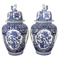 Pair of Large Antique Dutch Delft Lidded Ginger Jars Vases