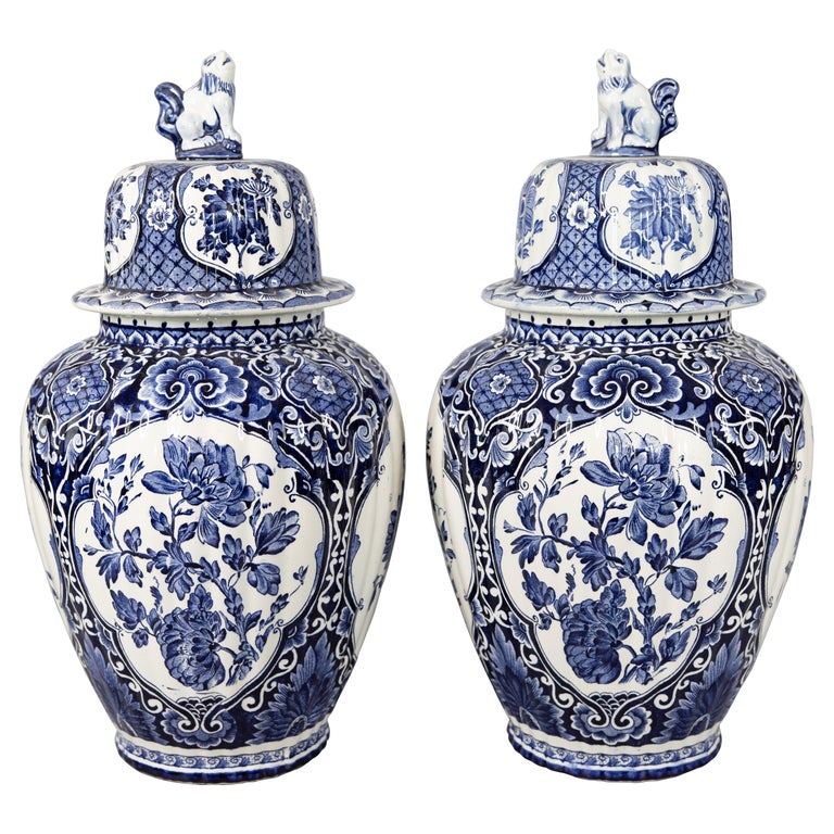 Pair of Large Antique Dutch Delft Lidded Ginger Jars Vases For Sale
