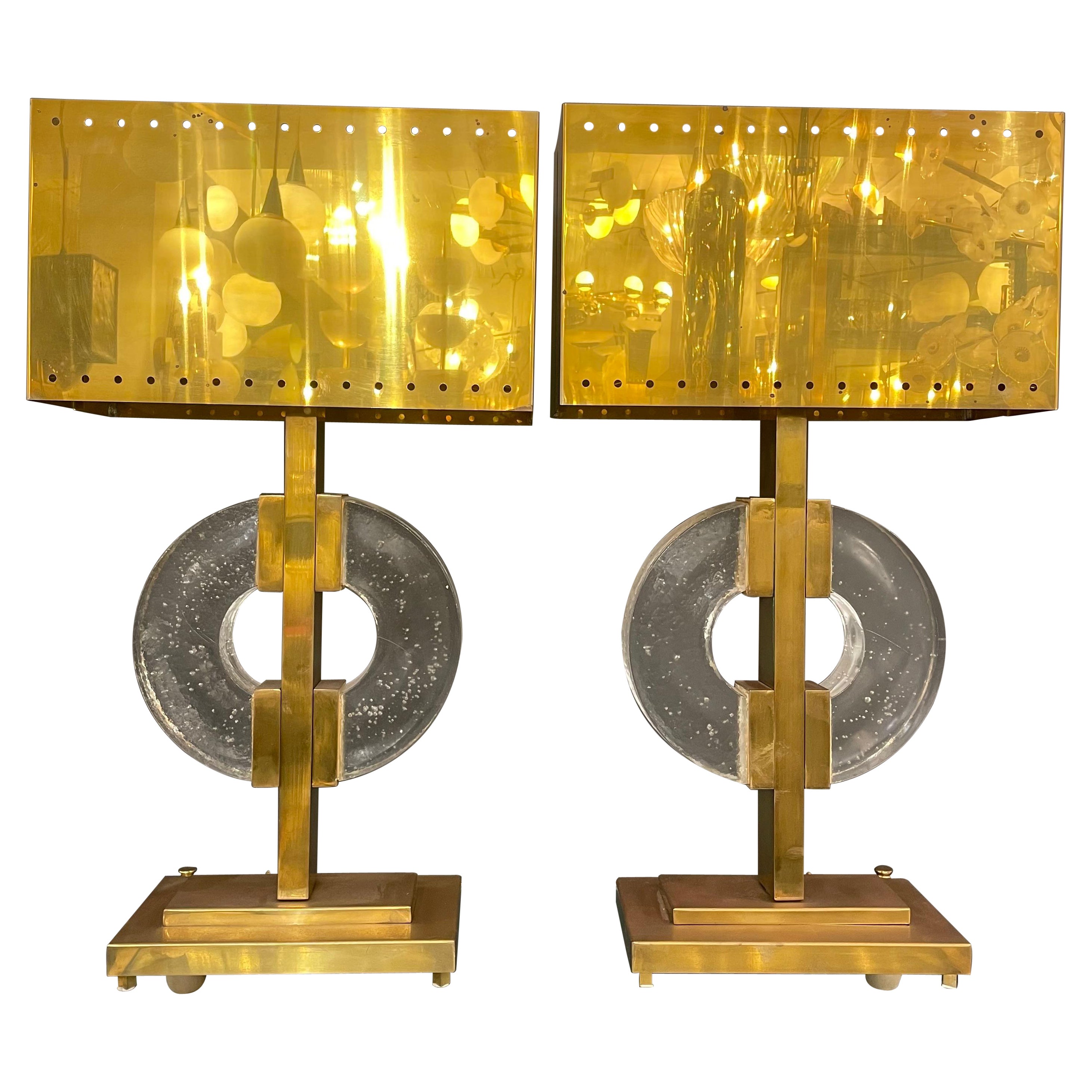 Pair of Oversized Table Lamps in Brass and Murano Glass, circa 1980