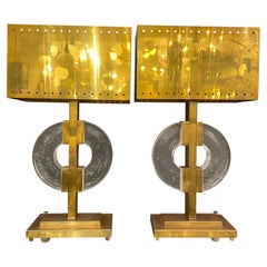Vintage Pair of Oversized Table Lamps in Brass and Murano Glass, circa 1980
