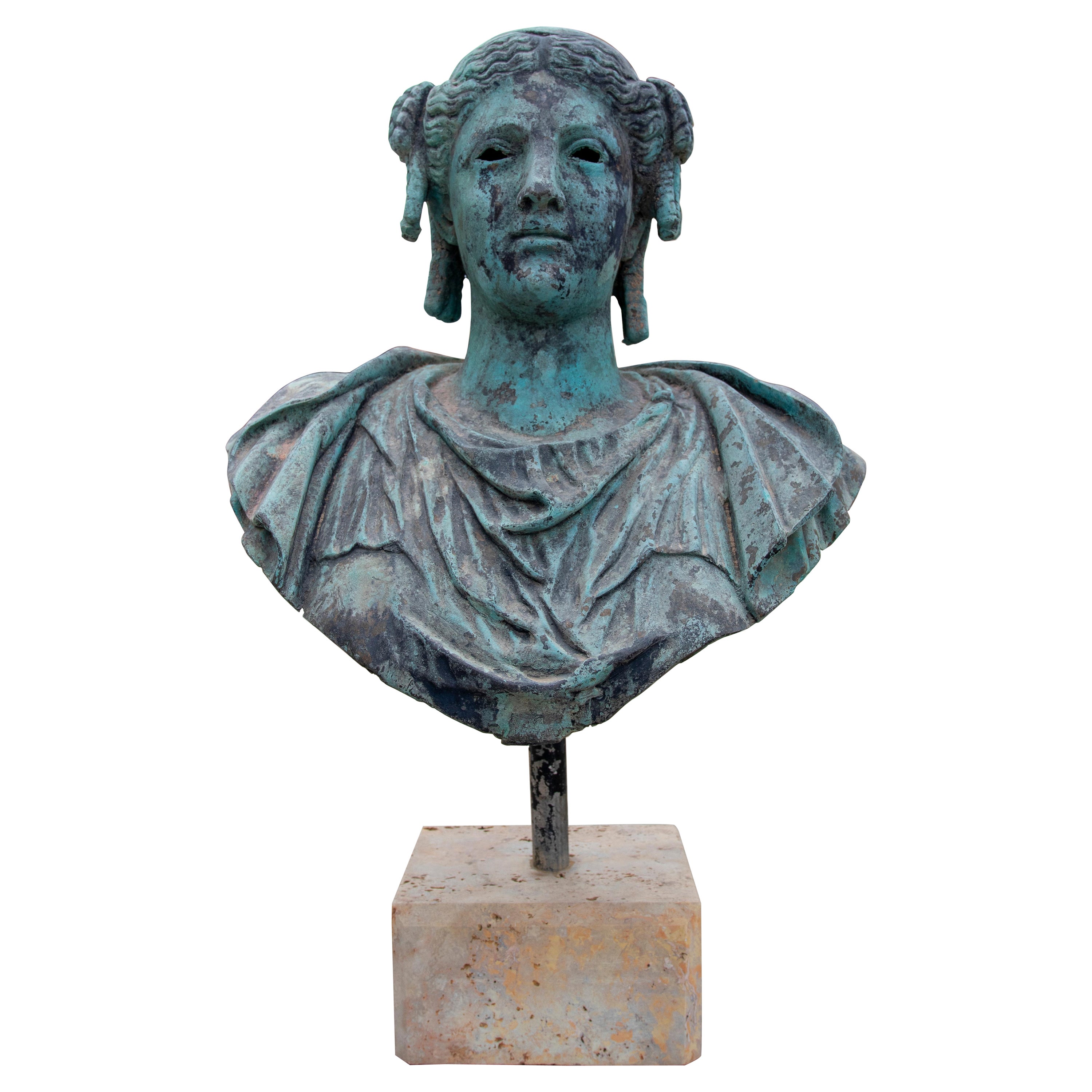 1990s Spanish Hand Carved Classical Greek Woman Bronze Bust w/ Travertine Base For Sale