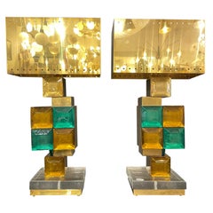 Pair of Italian Table Lamps in Green and Amber Murano Glass, circa 1980