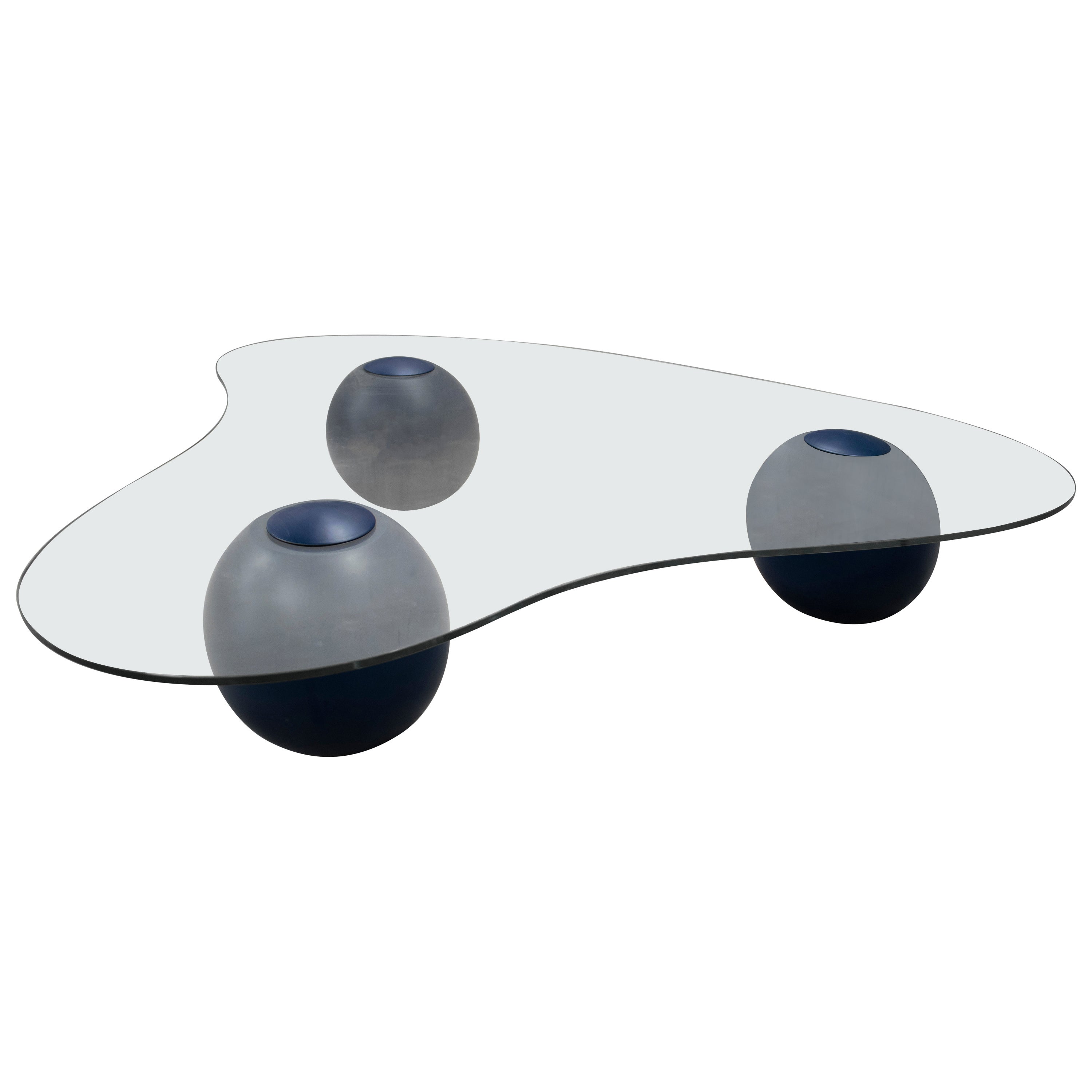 CLOUD Organic Shaped Glass Coffee Table with Blue Solid Wood Spheres For Sale