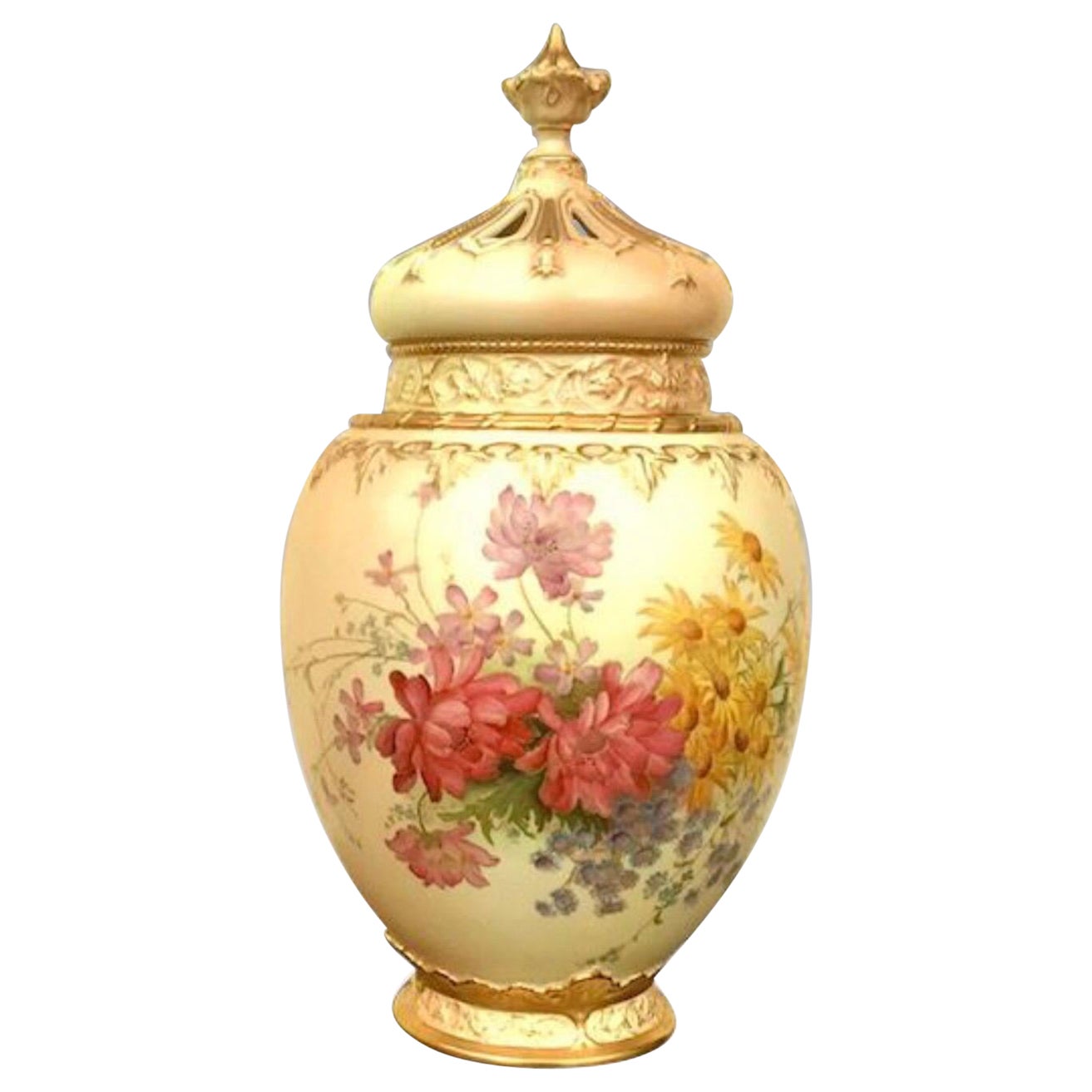 Large Royal Worcester Blush Ivory Ground Ovoid Pot Pourri Jar Vase For Sale