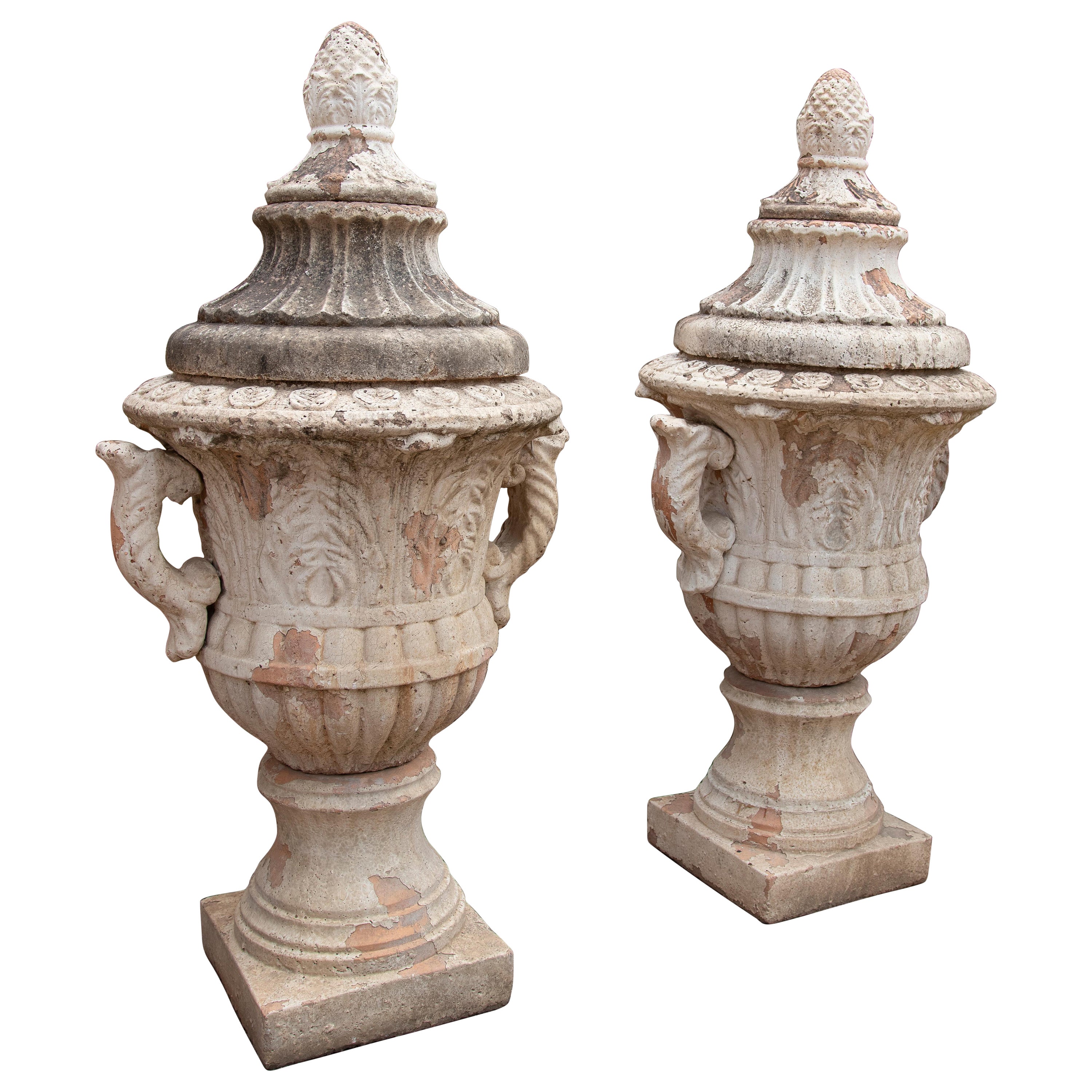 Pair of Monumental 1990s French Natural Terracotta Garden Urn Planters w/ Lids