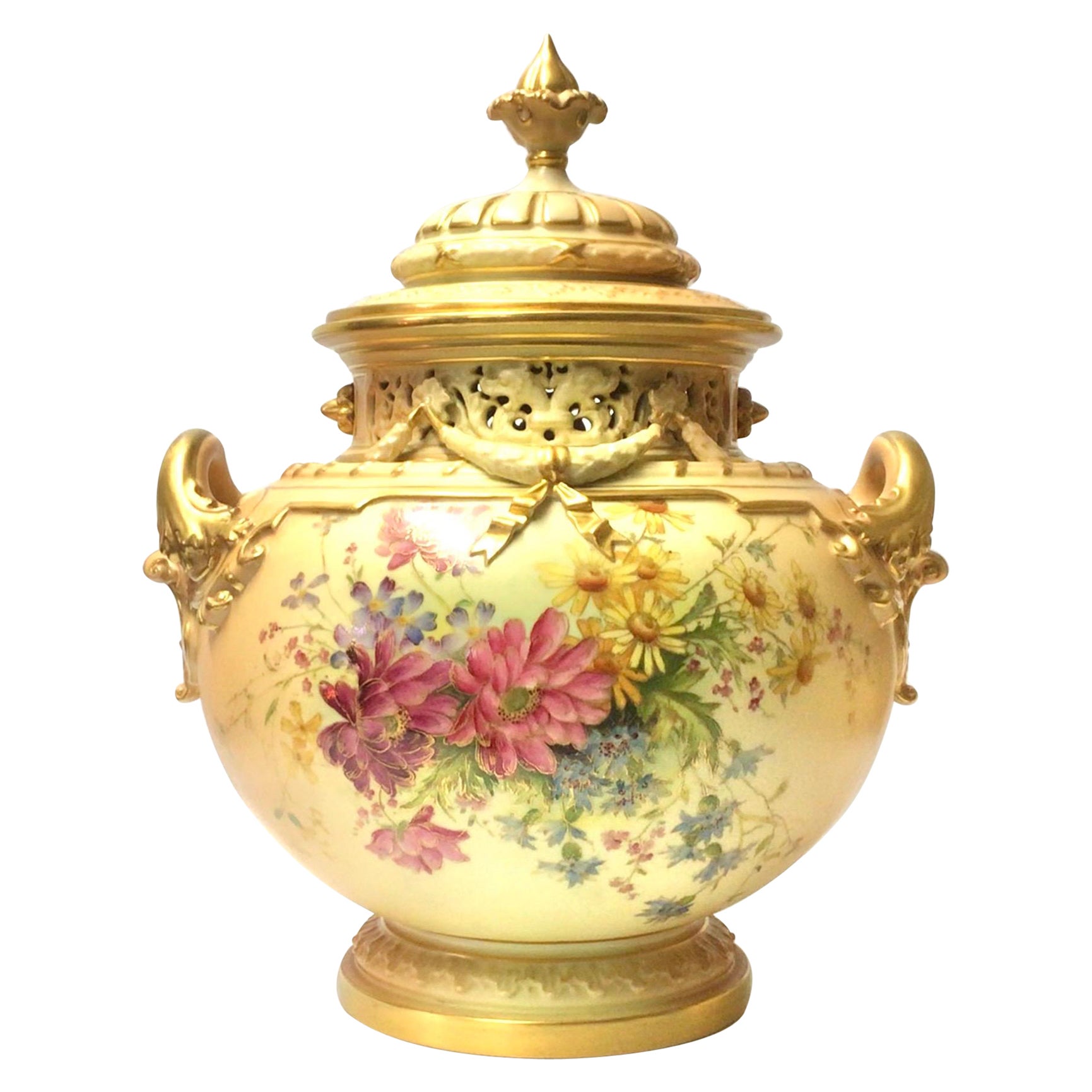 Large Royal Worcester Antique Blush Ivory Bow Urn Vase For Sale