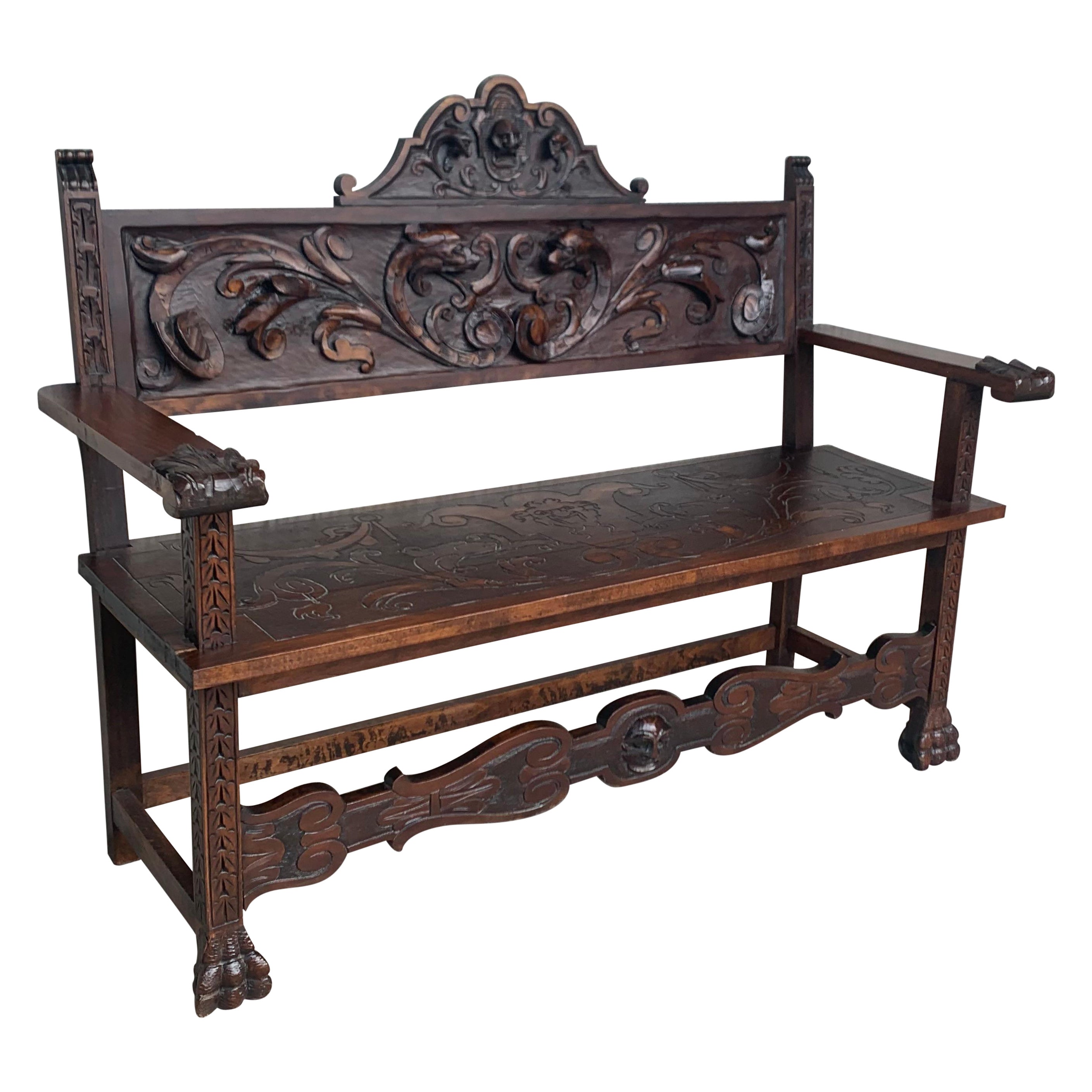 20th Century Spanish Renaissance Carved Walnut Bench Banquette "Escaño"