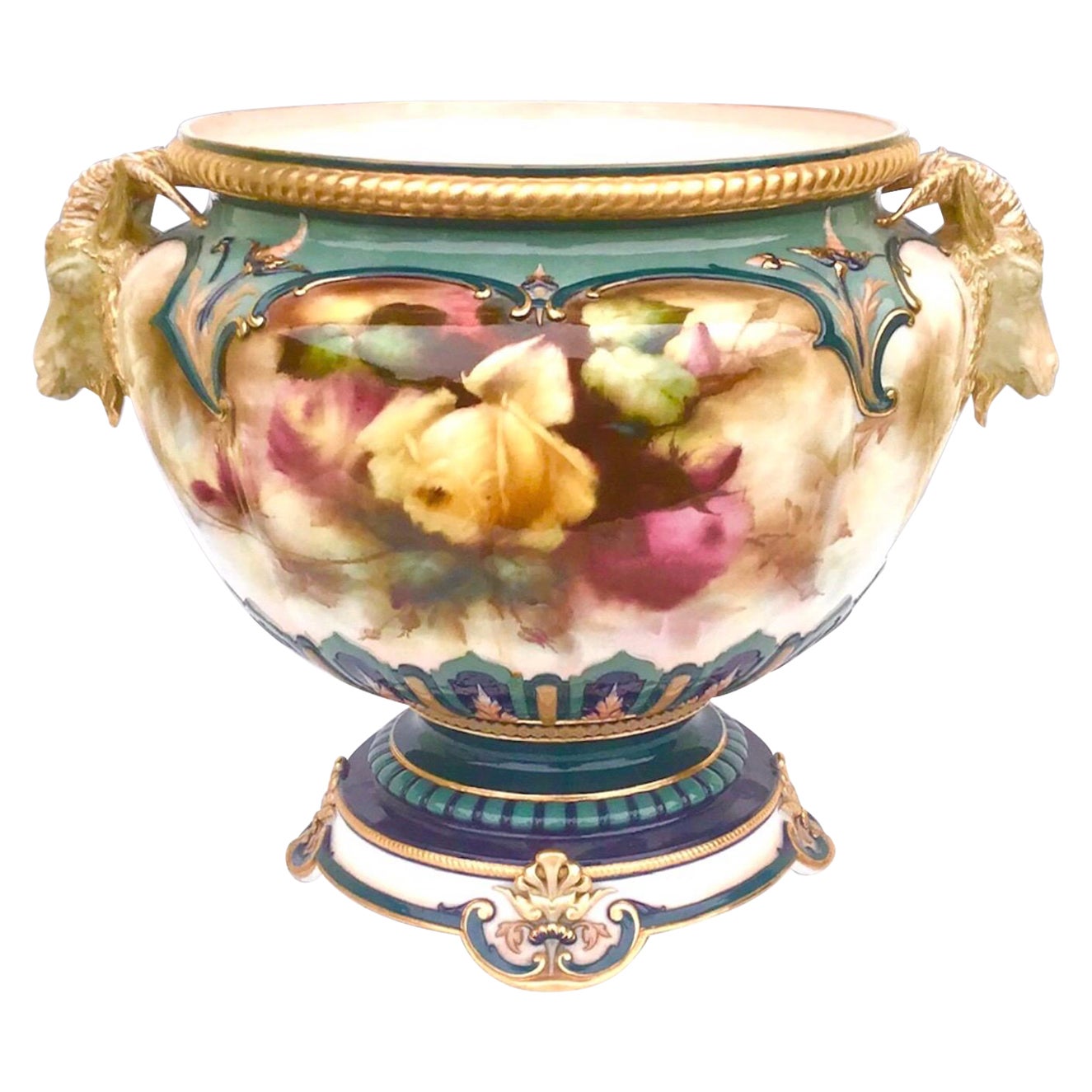 Large Antique Royal Worcester Footed Jardiniere Painted Roses For Sale