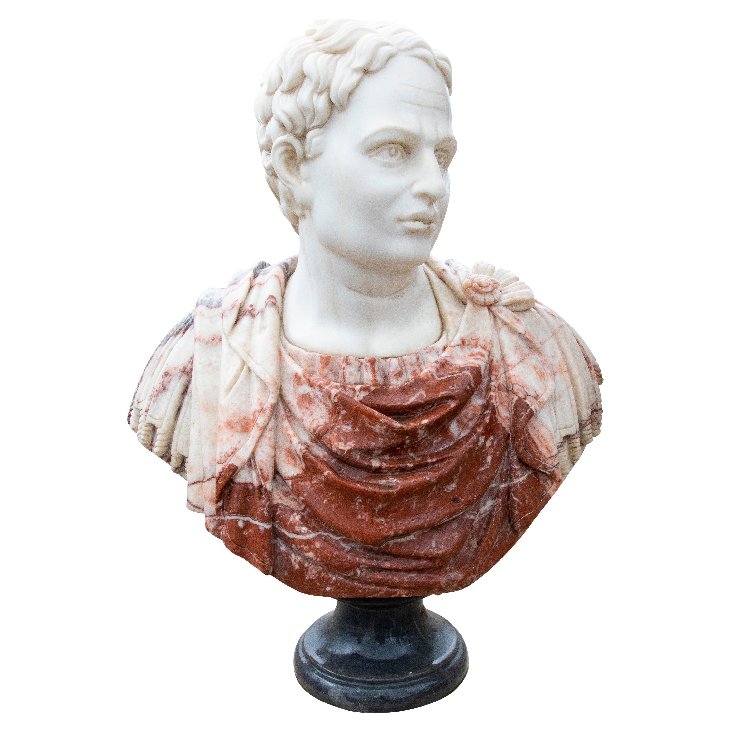 1990s Spanish Hand Carved White Carrara & Alicante Red Marble Roman Emperor Bust