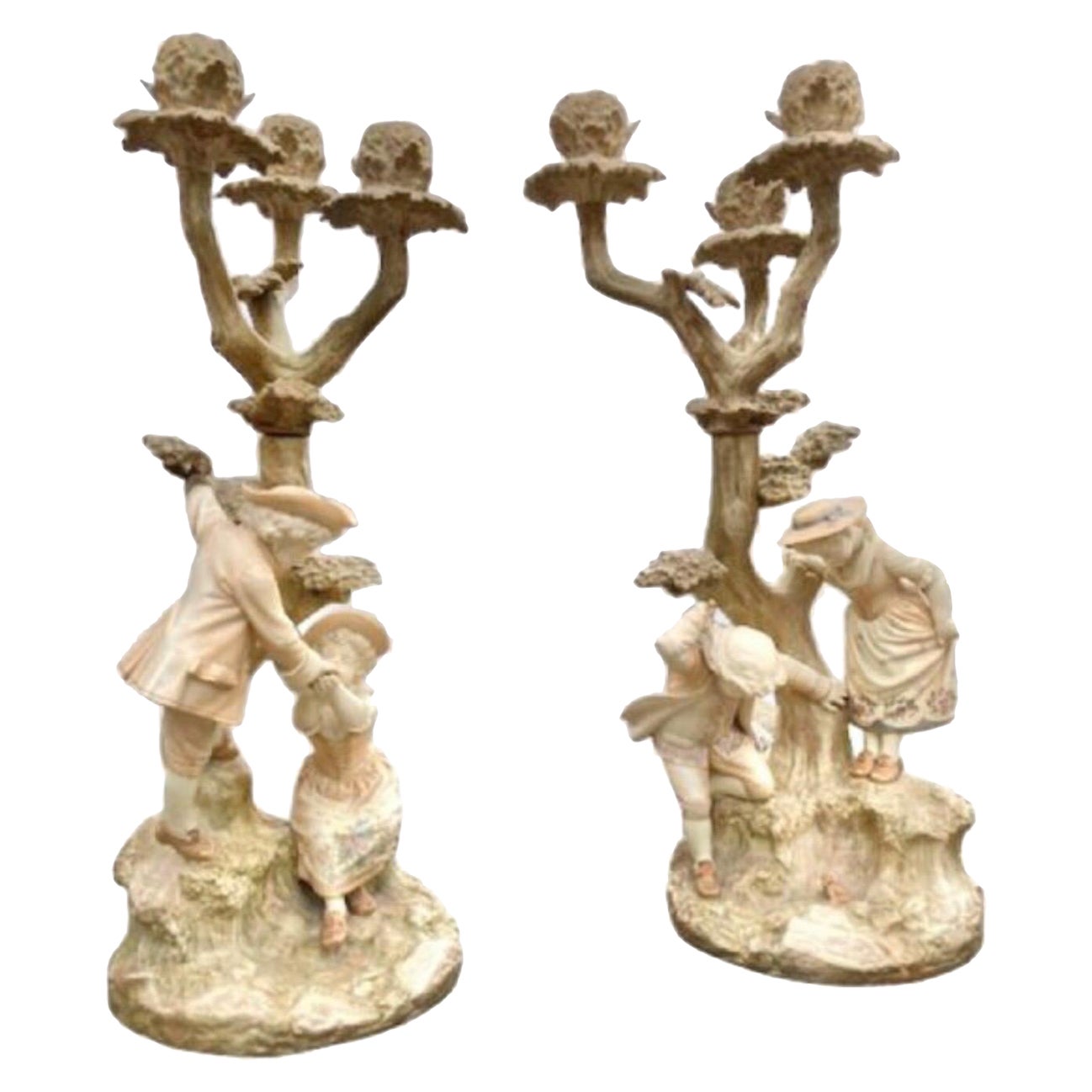 Pair Antique Blush Ivory Royal Worcester Three Branch Candelabra For Sale