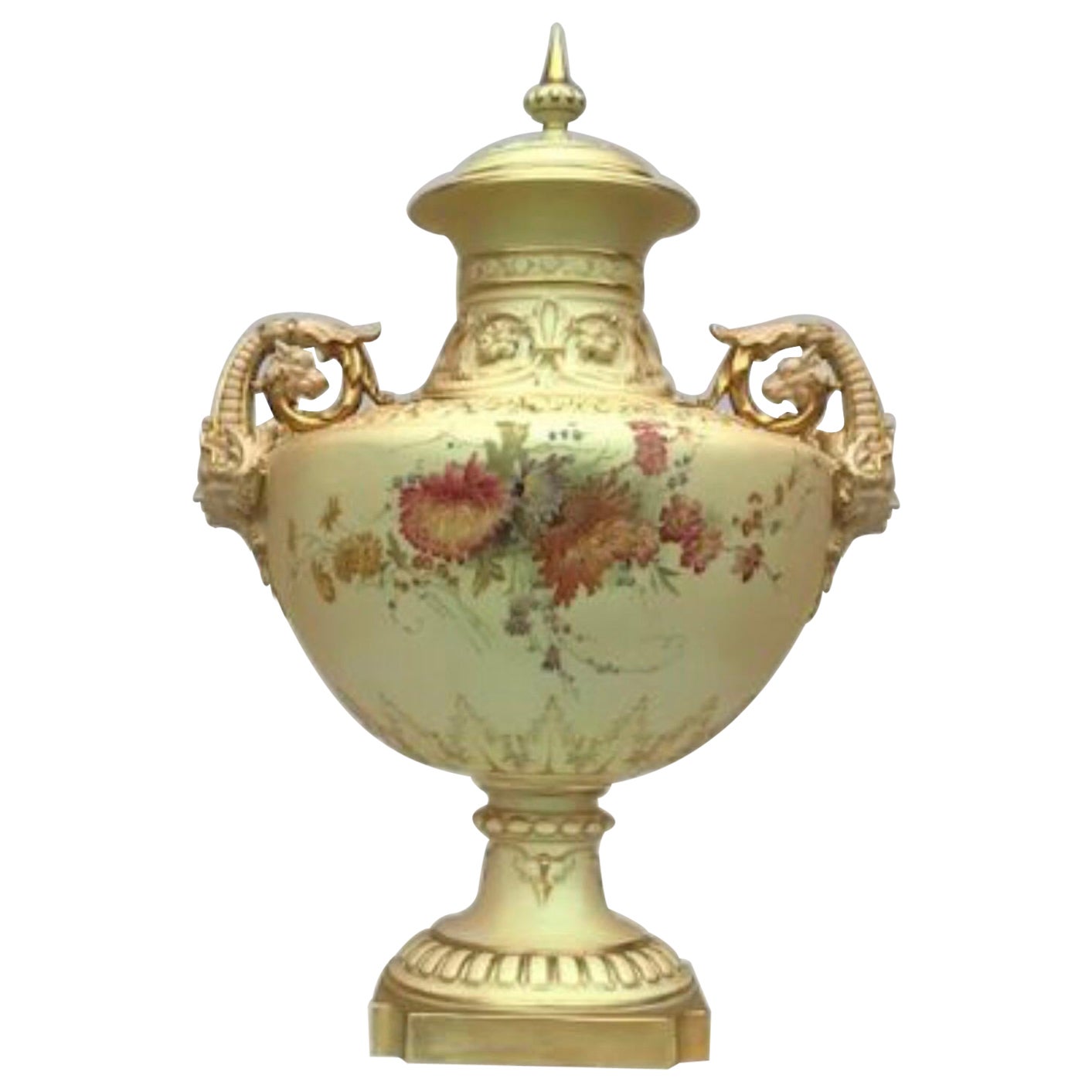Large Antique Royal Worcester Blush Ivory Porcelain Vase and Cover For Sale
