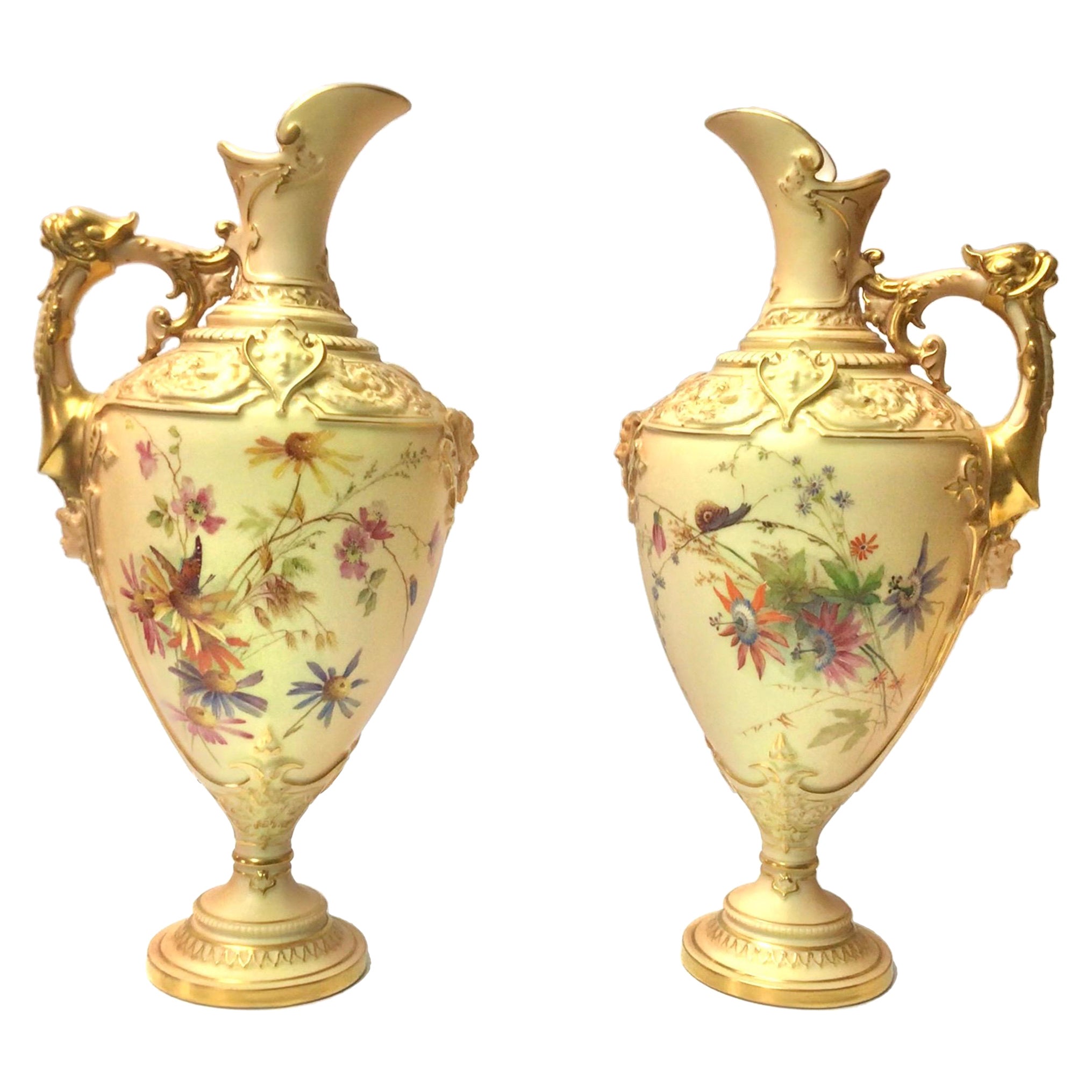 Pair of Antique Royal Worcester Blush Ivory Floral Painted Pedestal Vases, Ewers For Sale